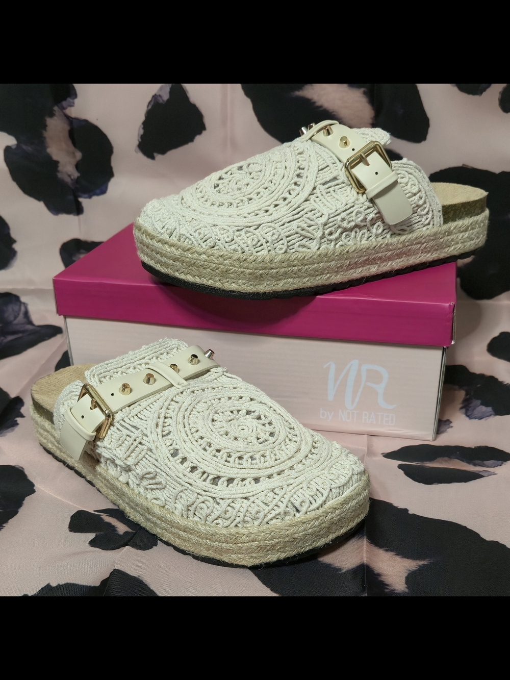 NR by Not Rated - Cream Crochet Espadrille Mule with Gold Buckles